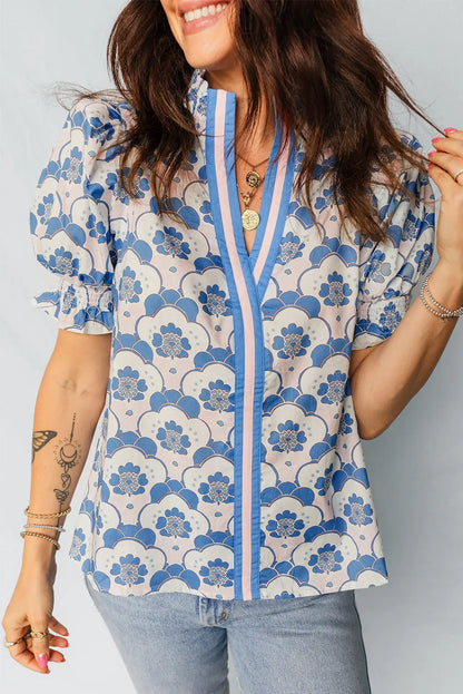 Sky Blue Floral Print Flounced Short Sleeve Contrast Trim V Neck Blouse - Sweet Fashion Wholesale