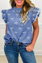 White Frilled Collar Flutter Sleeve Denim Top