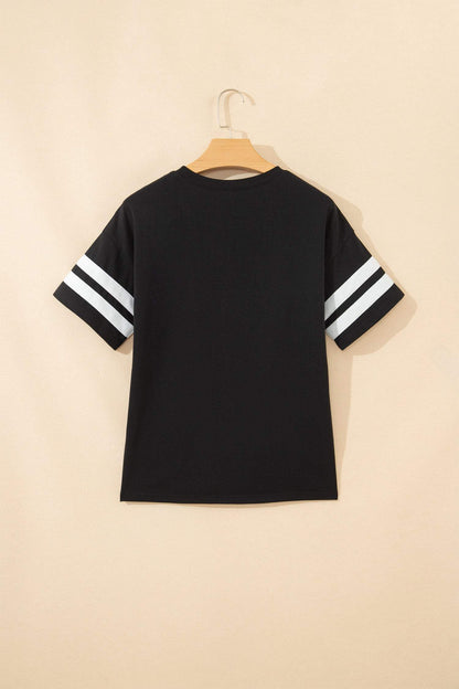Black Varsity Striped Short Sleeve Crew Neck T Shirt