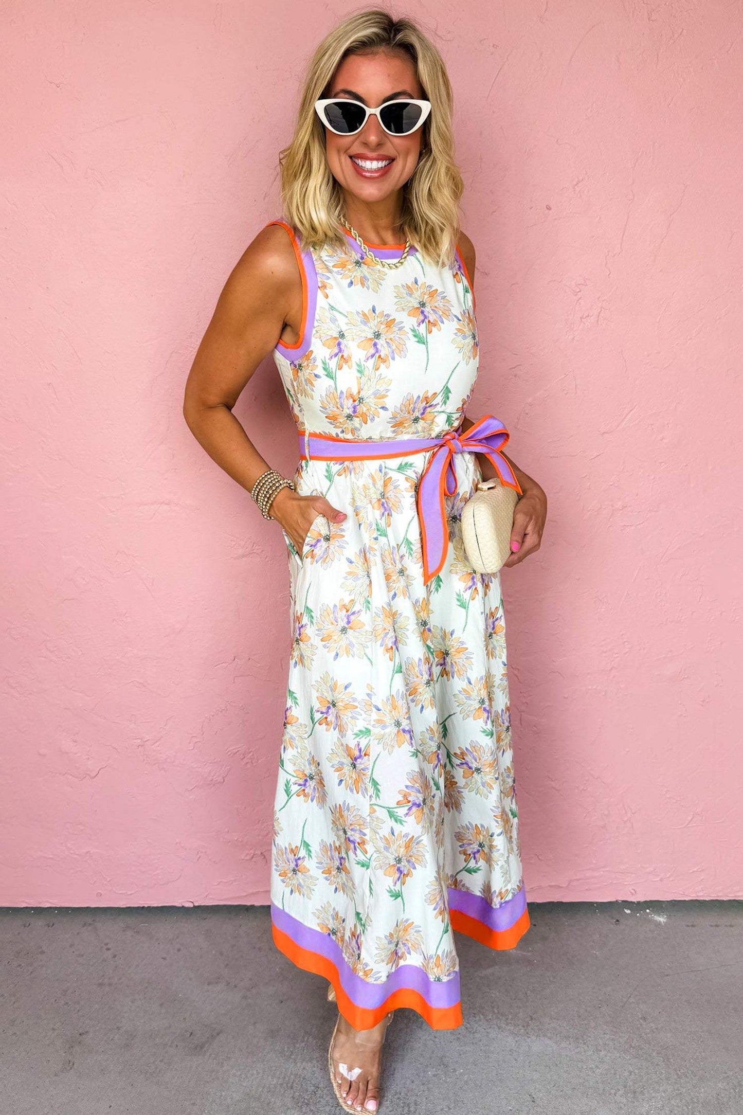 White Floral Print Color Block Trim Belted Sleeveless Maxi Dress