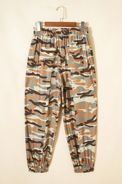 Green Camouflage Printed Drawstring Elastic Waist Jogger Pants - Sweet Fashion Wholesale
