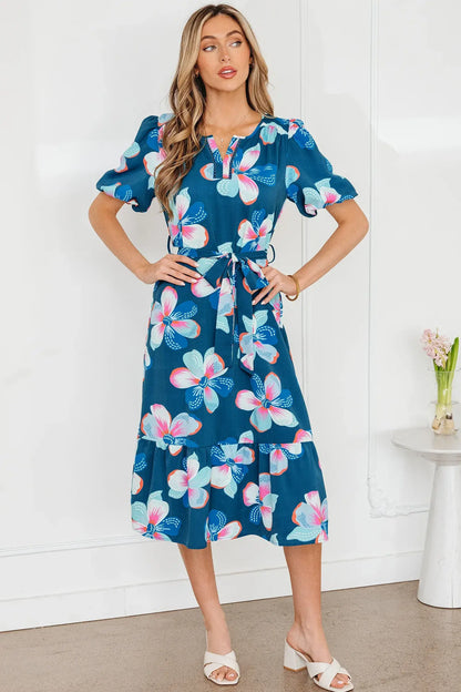 Blue Floral Print Short Puff Sleeve Ruffle Hem Belted Long Dress - Sweet Fashion Wholesale