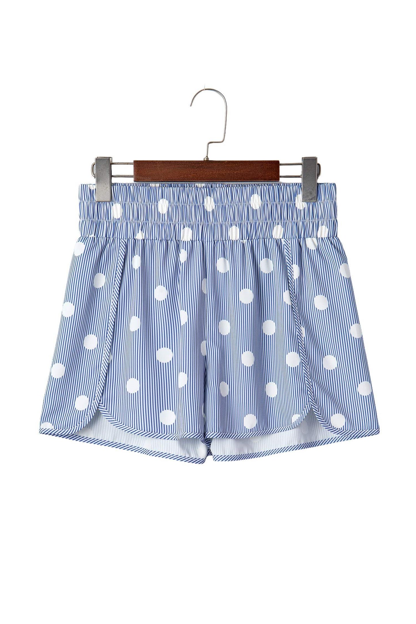 Sky Blue Polka Dot Print Shirred High Waist Casual Shorts