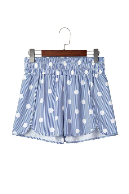 Sky Blue Polka Dot Print Shirred High Waist Casual Shorts