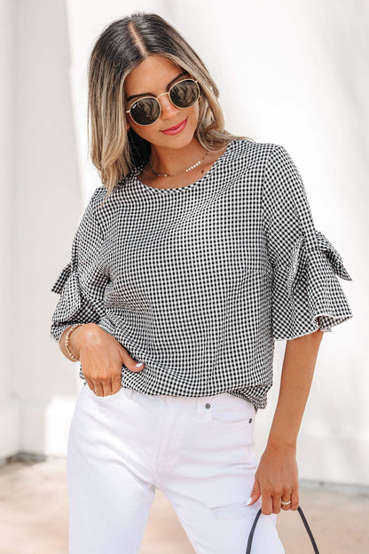 Black Plaid Bow Ruffled Half Sleeve Round Neck Blouse