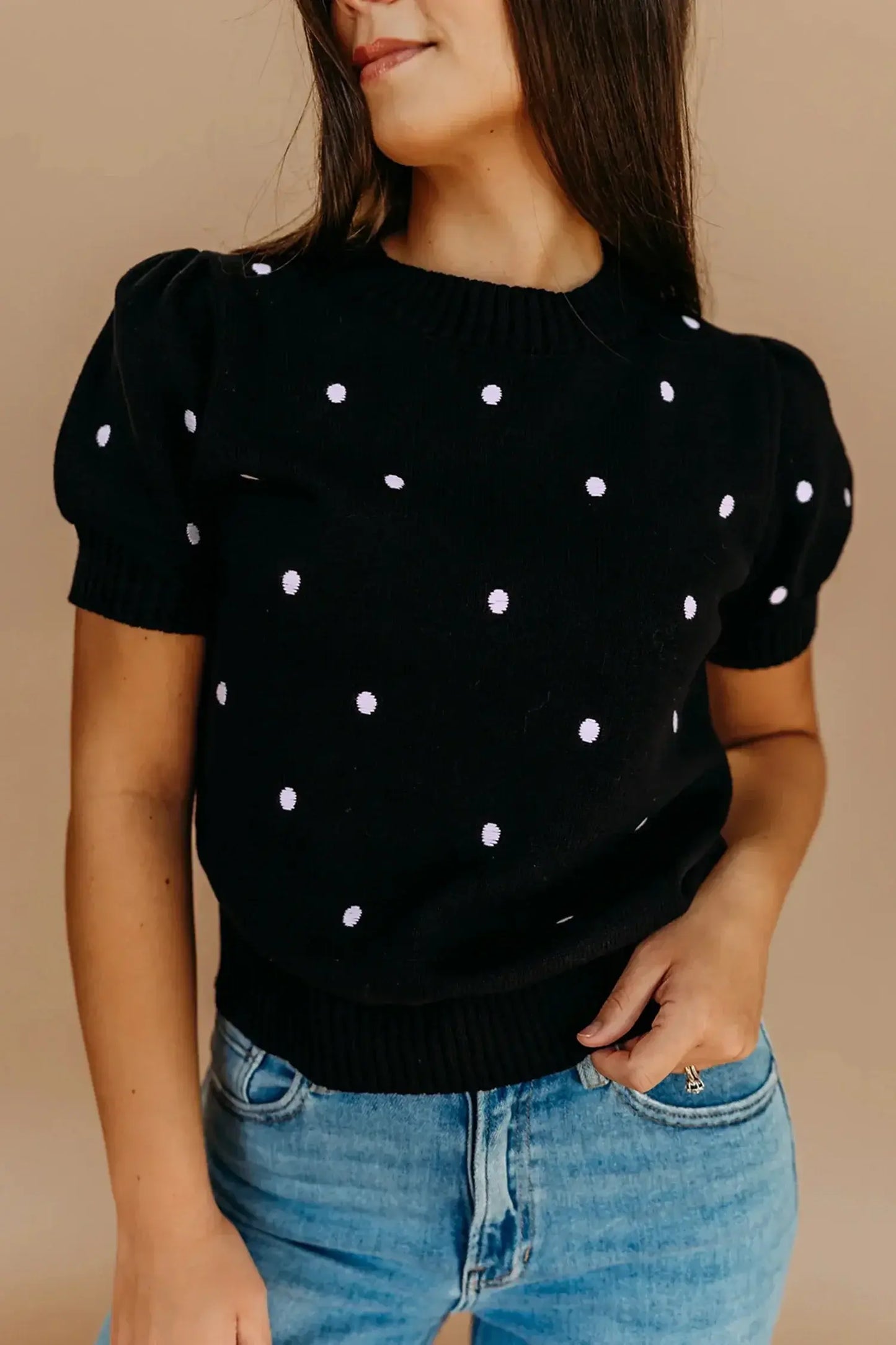 Yellow Cream Elegant Polka Dot Bubble Short Sleeve Sweater - Sweet Fashion Wholesale