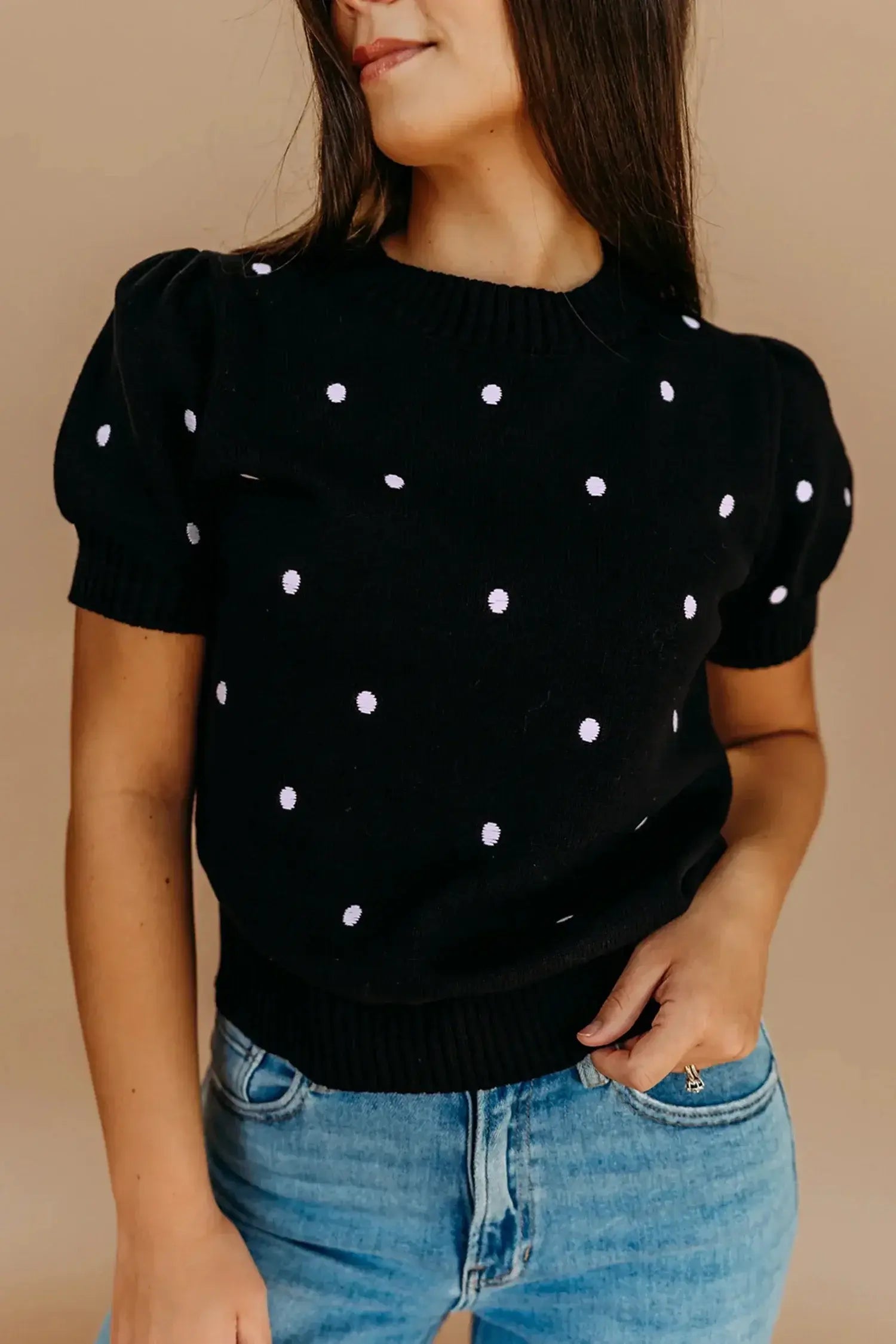 Yellow Cream Elegant Polka Dot Bubble Short Sleeve Sweater - Sweet Fashion Wholesale