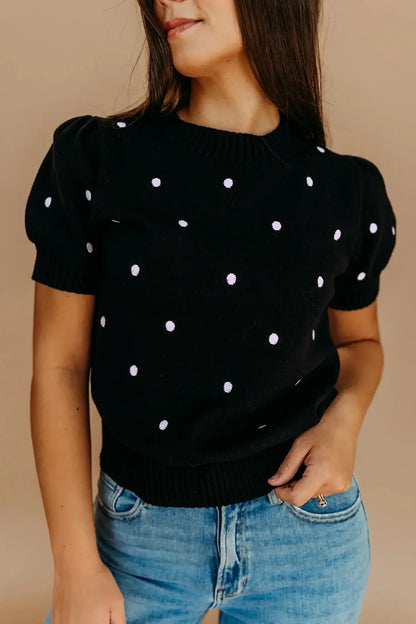 Yellow Cream Elegant Polka Dot Bubble Short Sleeve Sweater - Sweet Fashion Wholesale