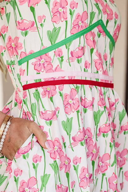 Pink Floral Print Contrast Trim V Neck Short Sleeve Elegant Midi Dress - Sweet Fashion Wholesale