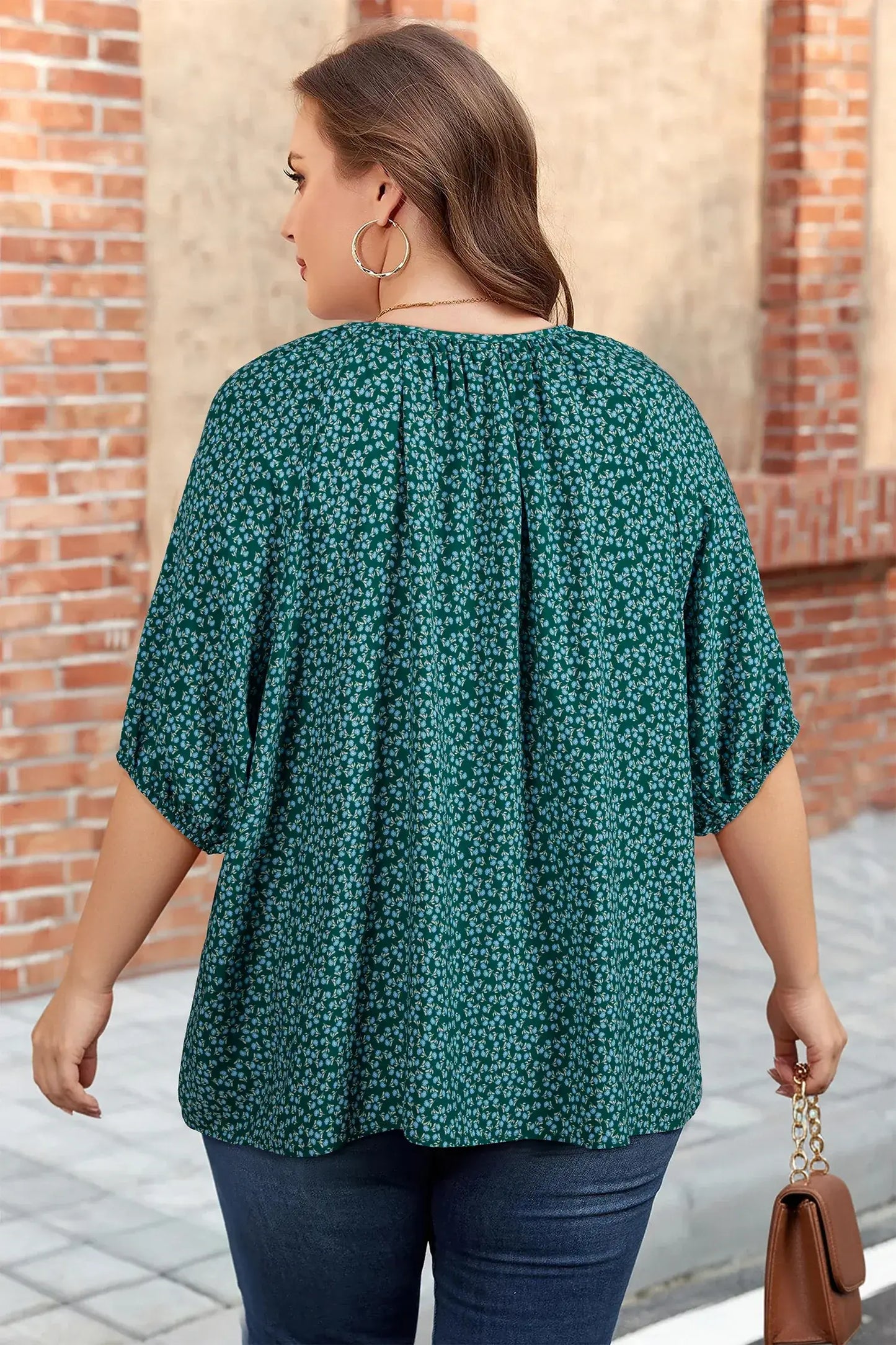 Green Boho Chic Notched V Neck Plus Floral Short Sleeve Top - Sweet Fashion Wholesale