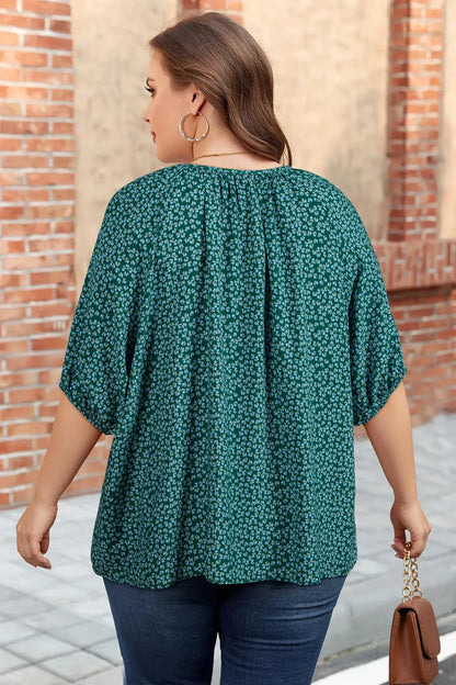 Green Boho Chic Notched V Neck Plus Floral Short Sleeve Top - Sweet Fashion Wholesale