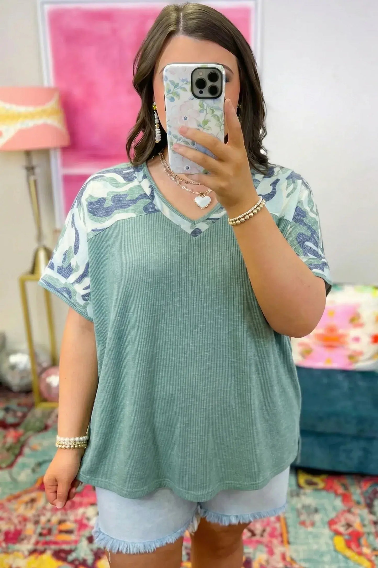Mist Green Ribbed Camouflage Patchwork Plus Size V Neck Tee - Sweet Fashion Wholesale