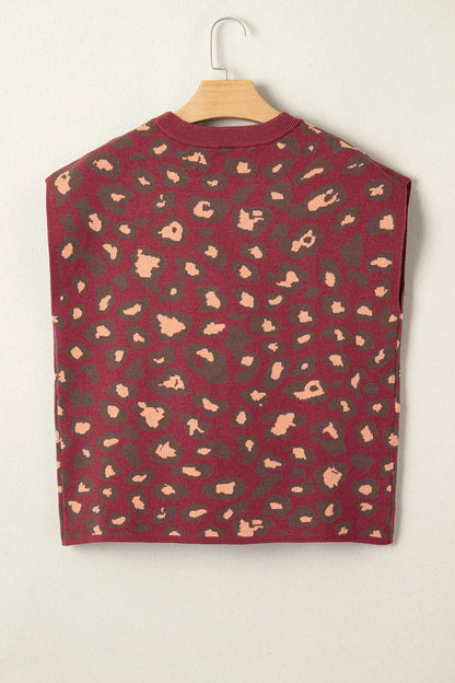 Red Leopard Print Cap Sleeve Knitted Top - Sweet Fashion Wholesale