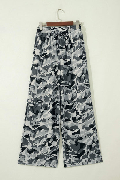 Green Camouflage Print Drawstring Casual Pants
