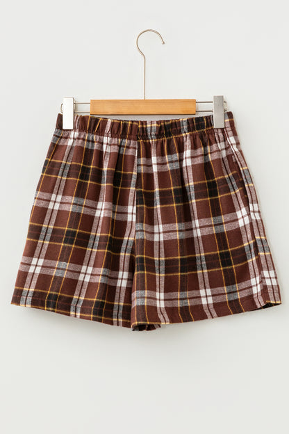 Brown Plaid Button Front Elastic Waist Shorts