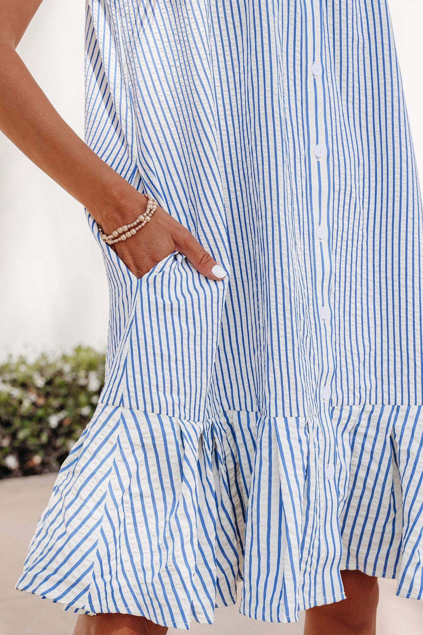 Sky Blue Stripe Shirt Collar Shirred Detail Ruffle Hem Sleeveless Dress