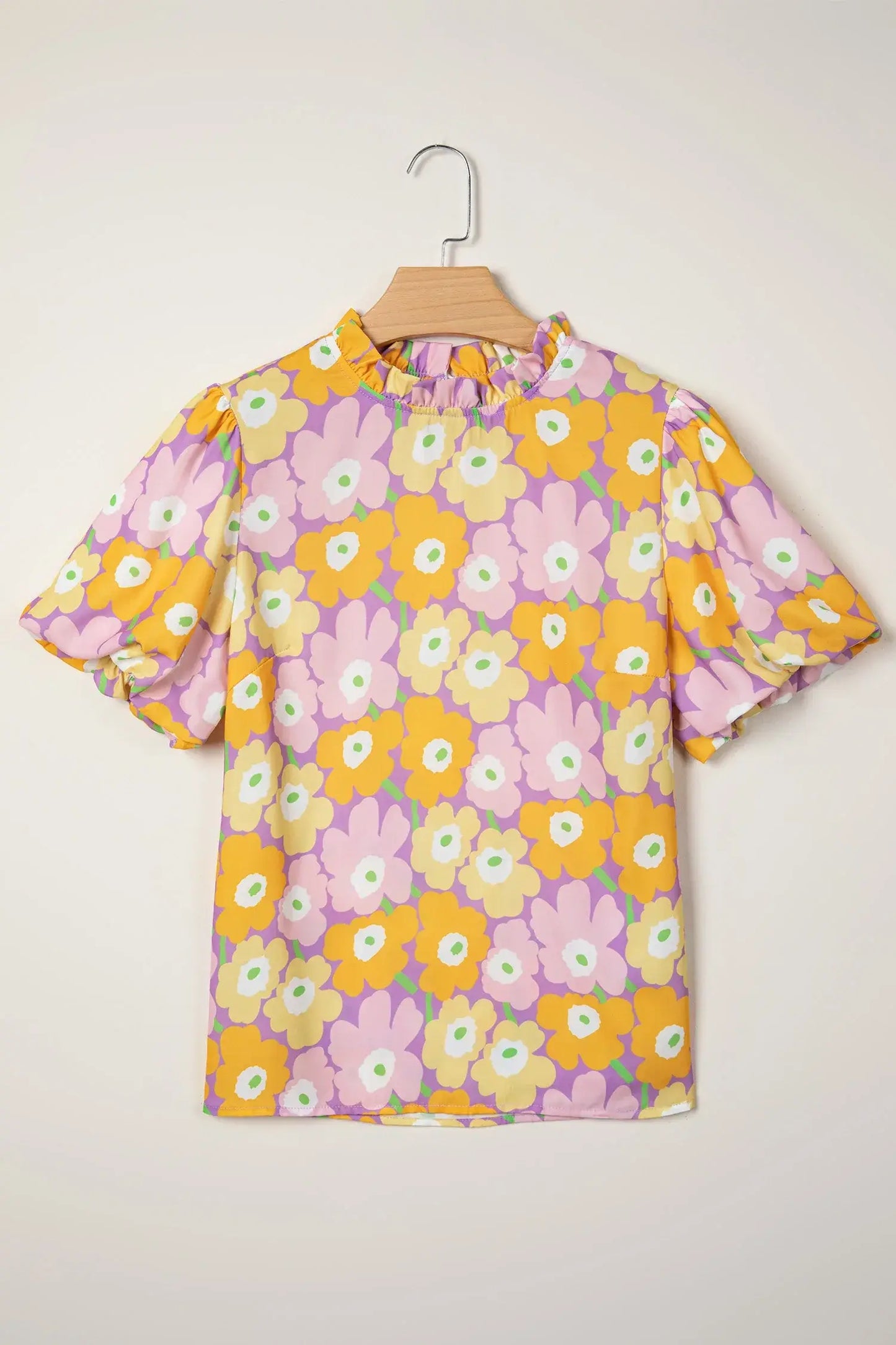 Purple Frilled Neck Puff Short Sleeve Flower Top - Sweet Fashion Wholesale