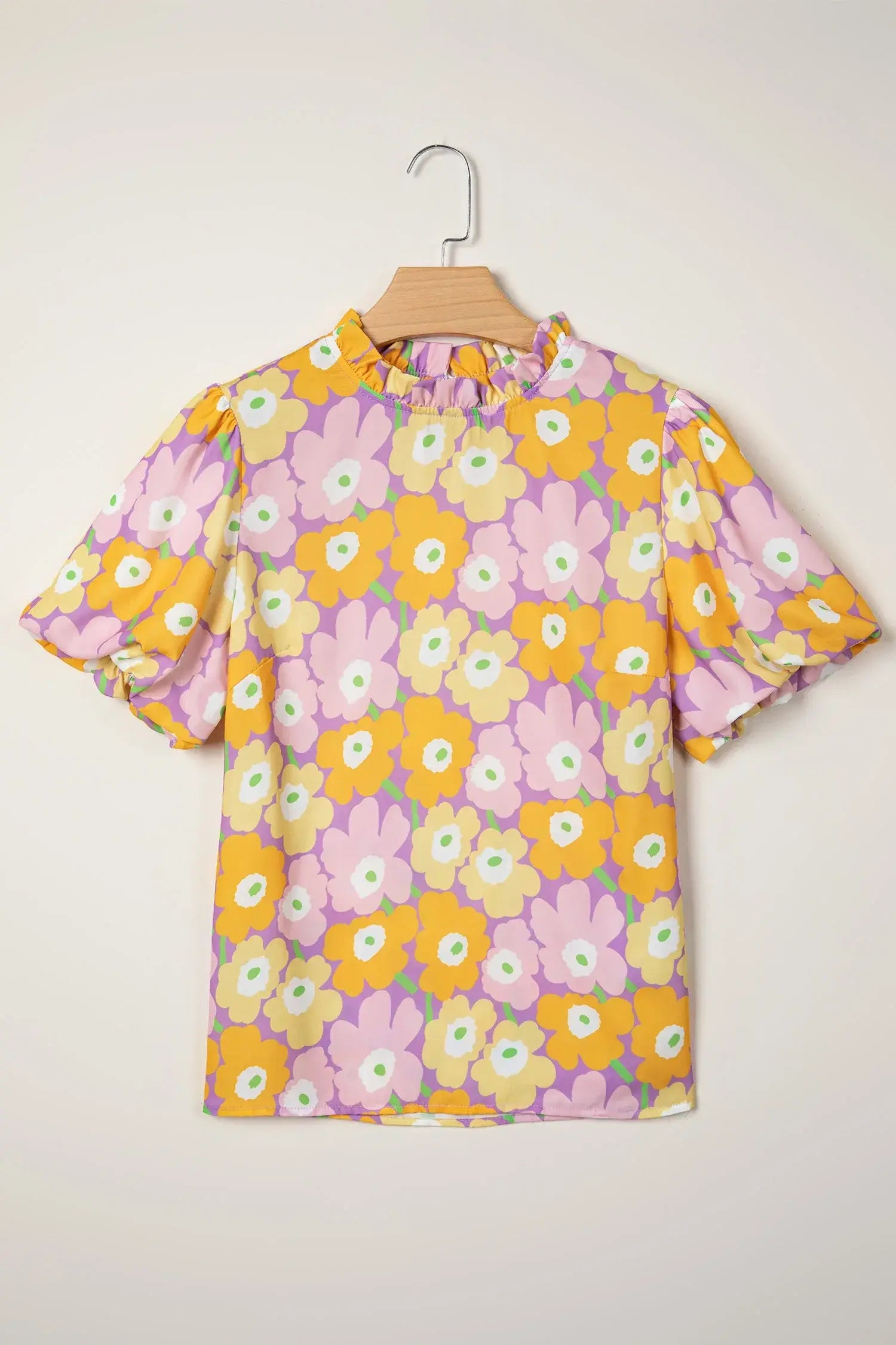 Purple Frilled Neck Puff Short Sleeve Flower Top - Sweet Fashion Wholesale