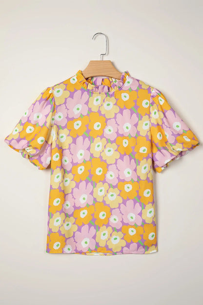 Purple Frilled Neck Puff Short Sleeve Flower Top - Sweet Fashion Wholesale