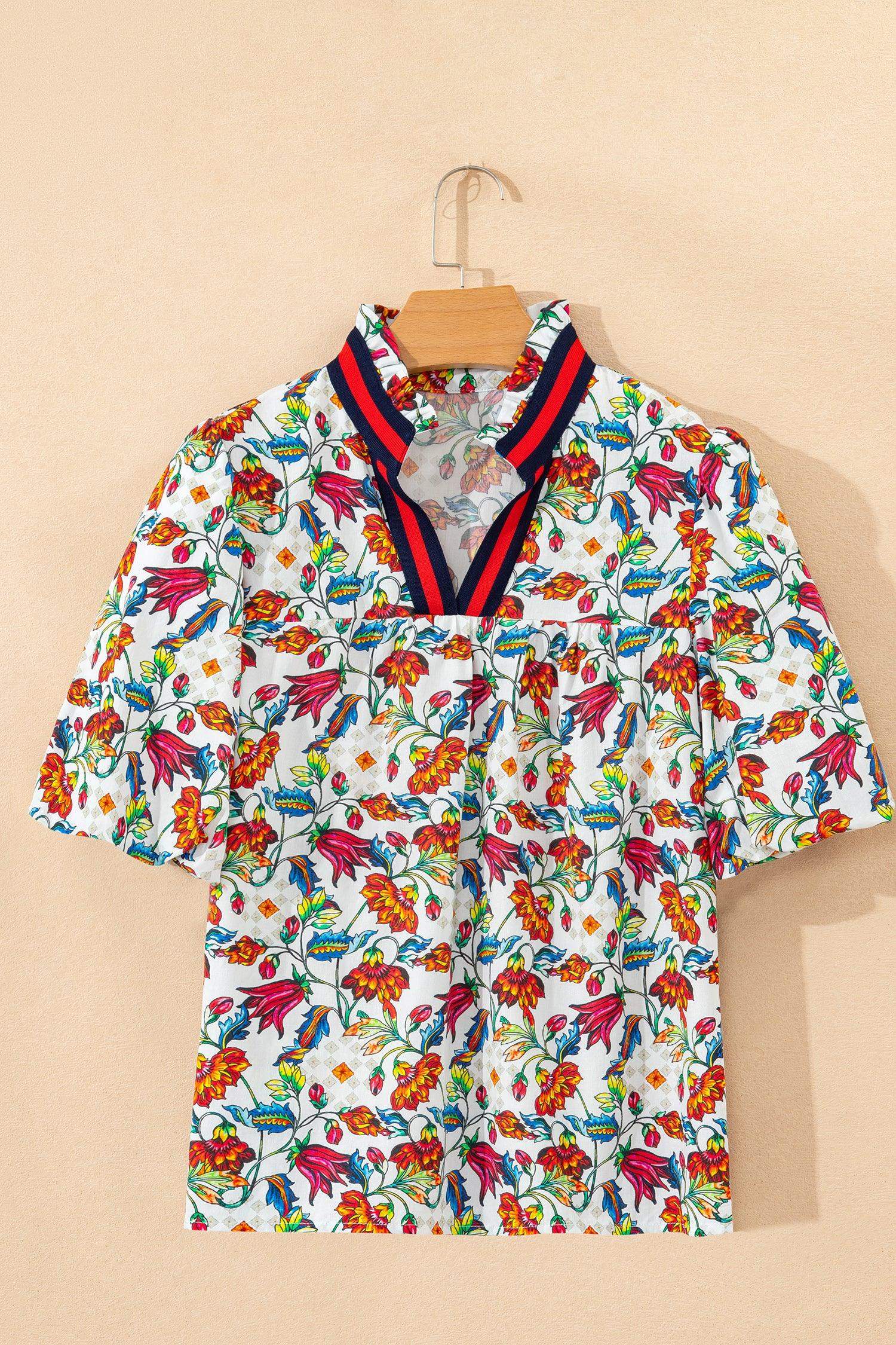 Multicolour Contrasted V Neckline Floral Puff Short Sleeve Blouse - Sweet Fashion Wholesale