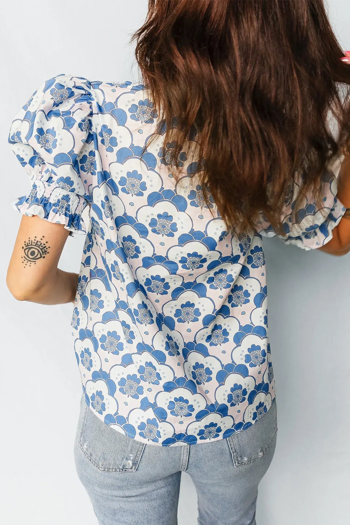 Sky Blue Floral Print Flounced Short Sleeve Contrast Trim V Neck Blouse - Sweet Fashion Wholesale