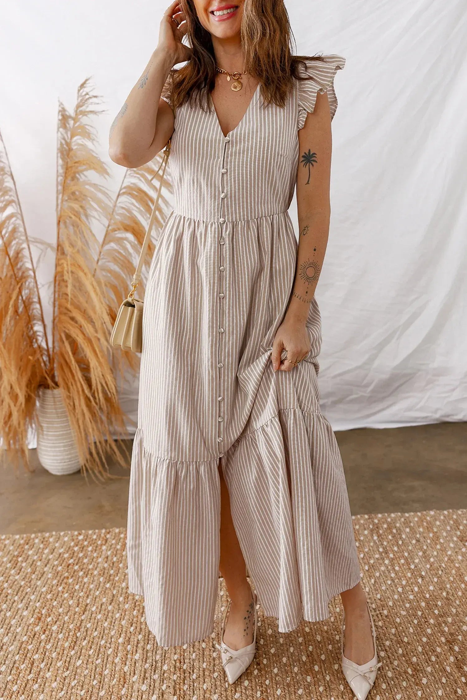 Khaki Stripe Flutter Sleeve Buttoned Front Slit Maxi Dress - Sweet Fashion Wholesale