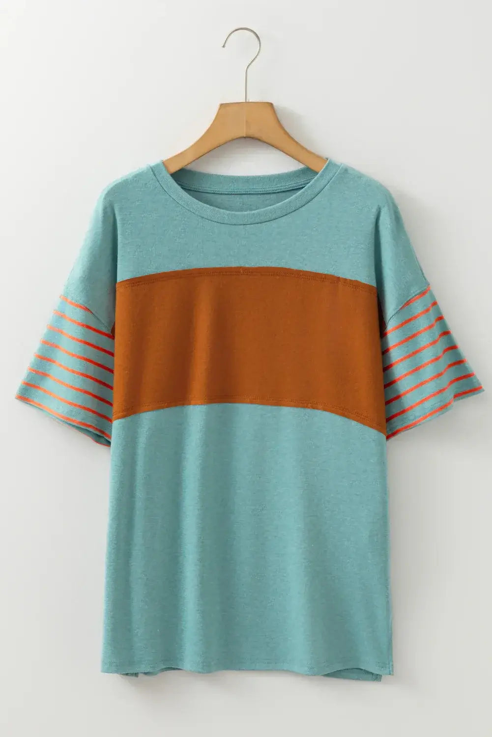 Laurel Green Color Block Striped Detail Loose T Shirt - Sweet Fashion Wholesale