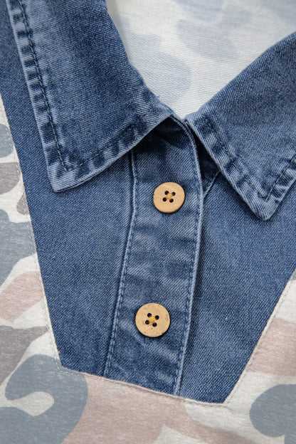 Multicolour Camouflage Print Denim Patchwork Polo Collar Tee