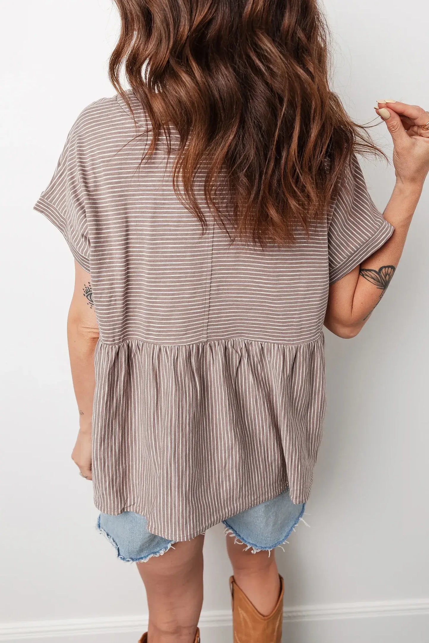 Khaki Stripe Buttoned V Neck High Low Side Slit T Shirt - Sweet Fashion Wholesale