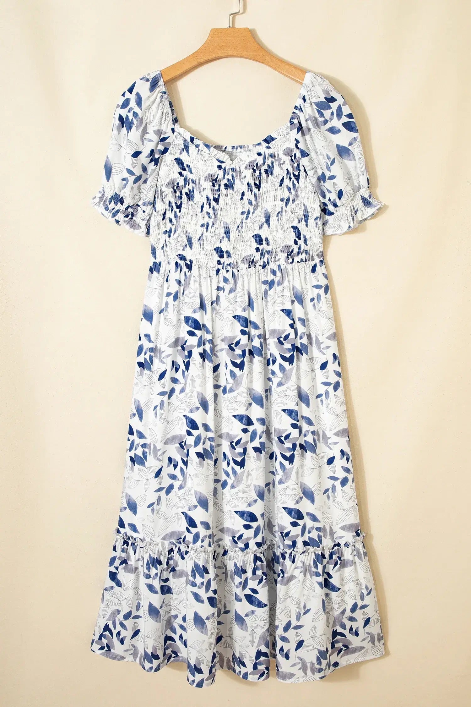 Sky Blue Smocked Bodice Short Puff Sleeve Tiered Floral Midi Dress - Sweet Fashion Wholesale