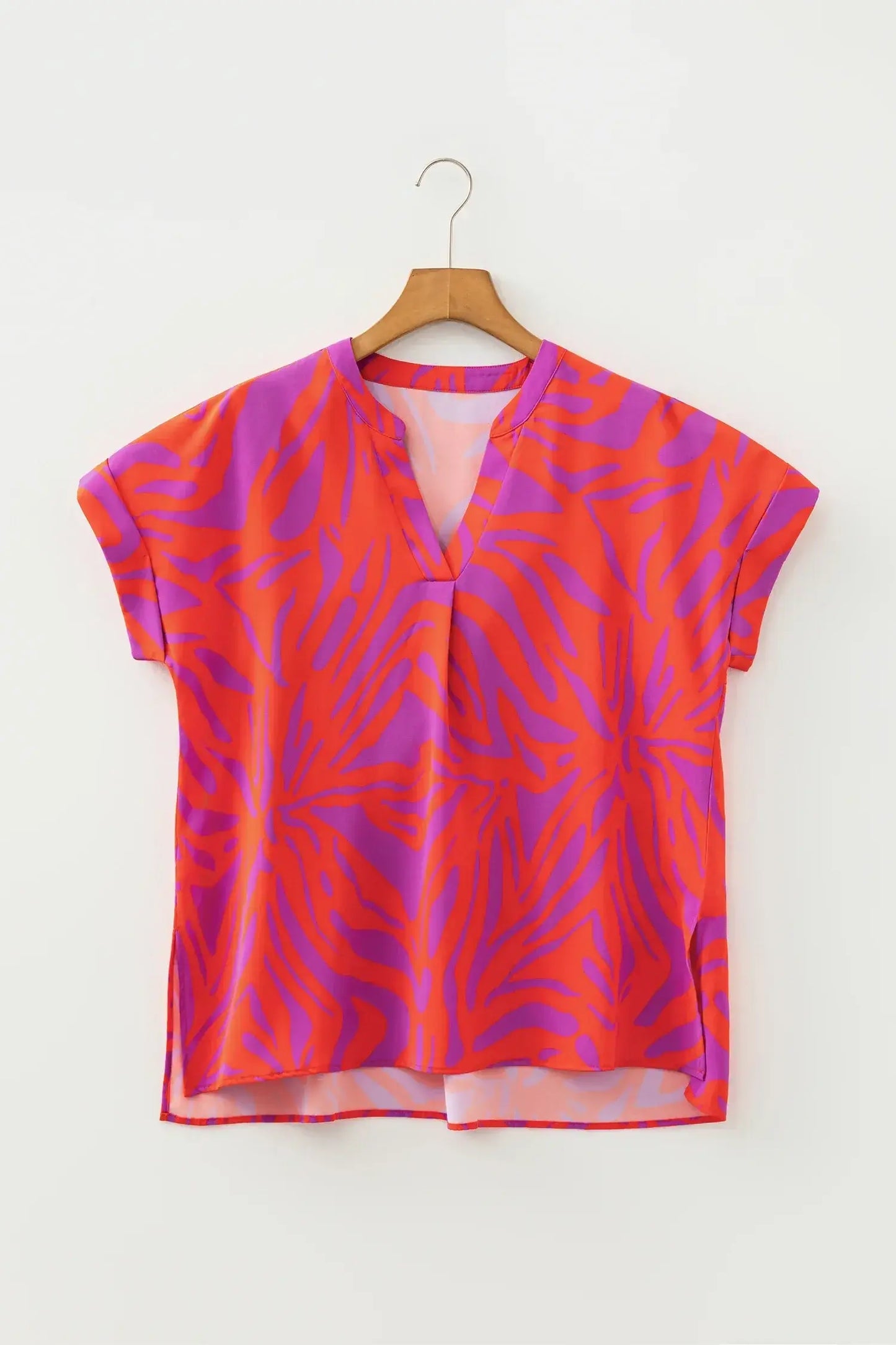 Multicolour Abstract Print V Neck Cuffed Short Sleeve Shift Slit Blouse - Sweet Fashion Wholesale