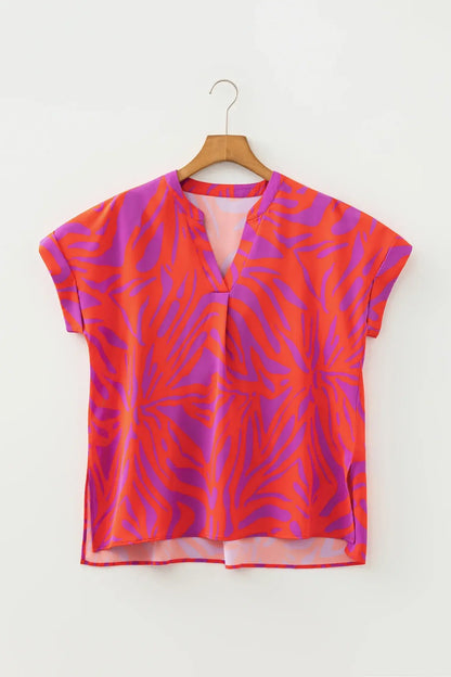 Multicolour Abstract Print V Neck Cuffed Short Sleeve Shift Slit Blouse - Sweet Fashion Wholesale