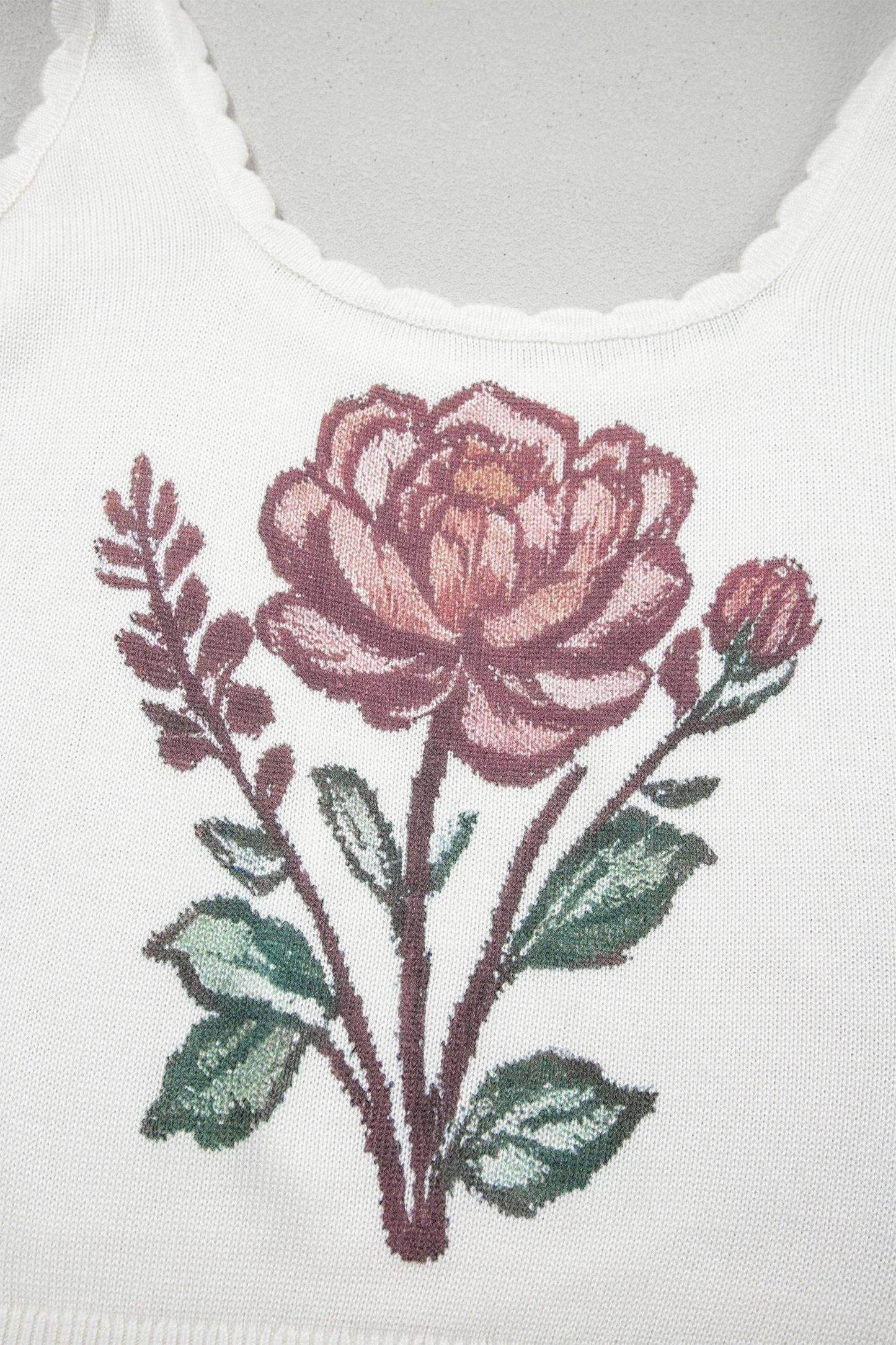 White Retro Floral Print Scalloped Square Neck Knit Sweater Vest - Sweet Fashion Wholesale