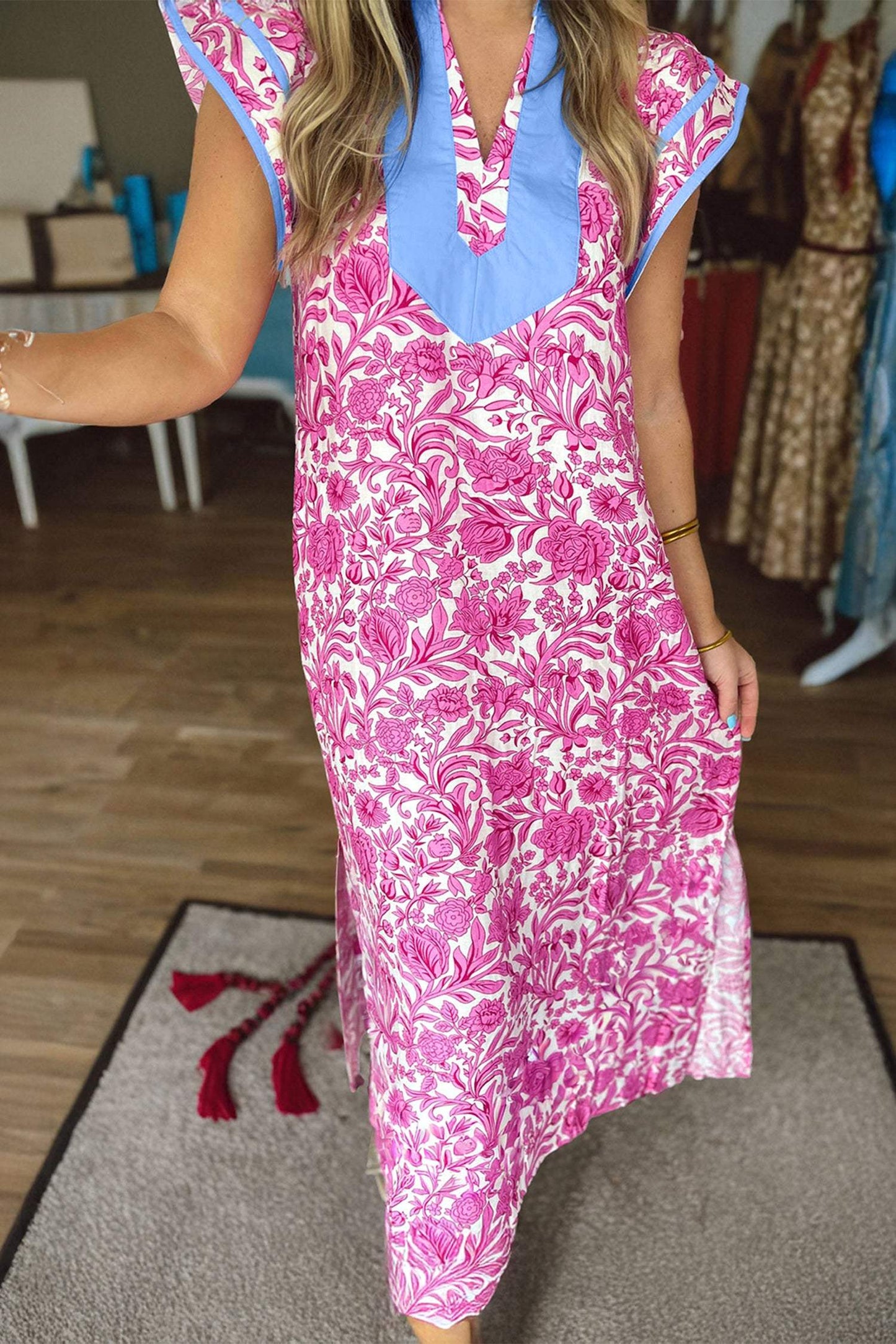 Pink Floral Print Color Block Patchwork V Neck Short Sleeve Midi Dress