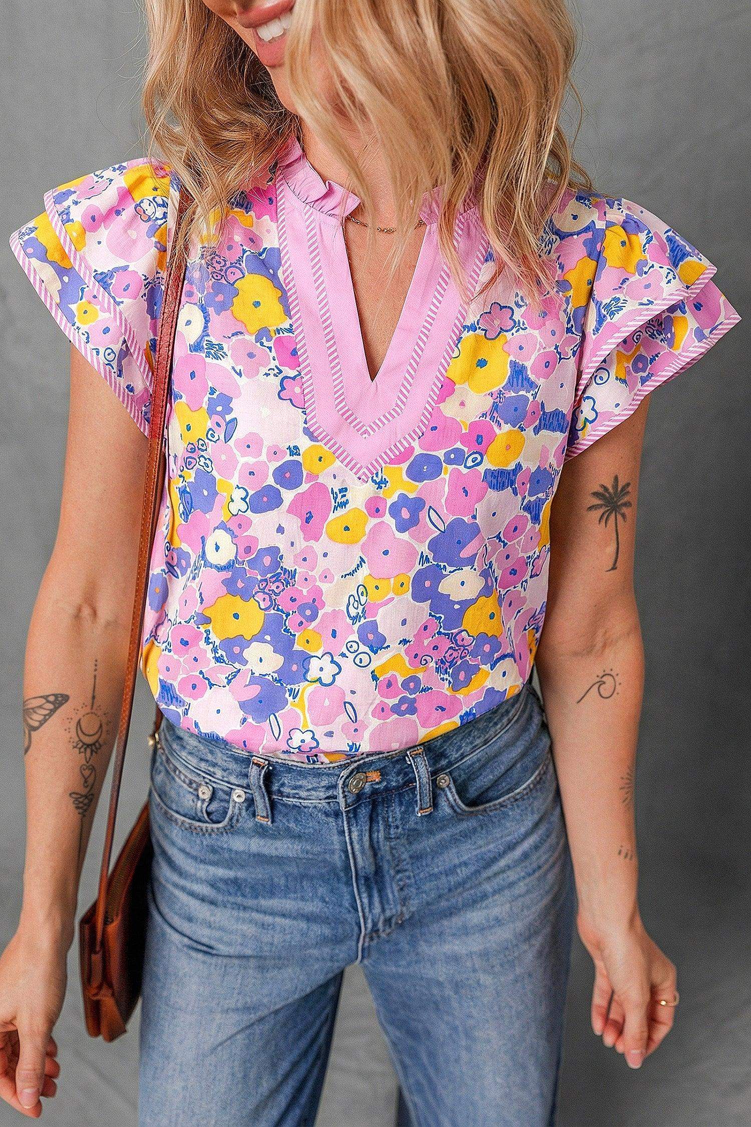 Pink Playful Floral Print Striped Color Block Patchwork V Neck Flutter Sleeve Blouse - Sweet Fashion Wholesale