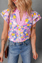 Pink Playful Floral Print Striped Color Block Patchwork V Neck Flutter Sleeve Blouse - Sweet Fashion Wholesale