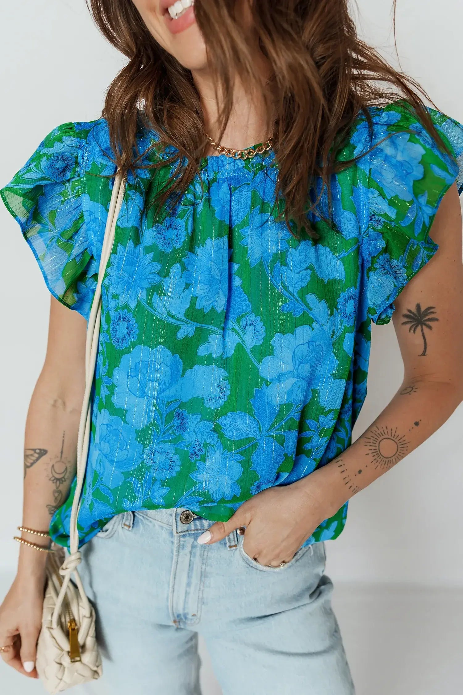 Green Floral Print Ruffled Sleeve Summer Blouse - Sweet Fashion Wholesale