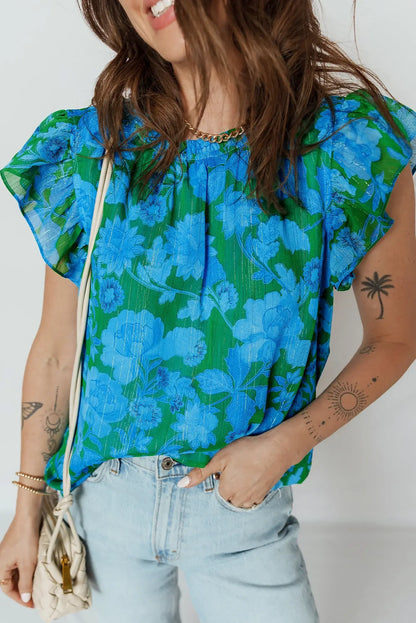 Green Floral Print Ruffled Sleeve Summer Blouse - Sweet Fashion Wholesale