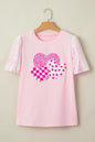 Light Pink Three Sweet Hearts Printed Sequin Trim Contrast Sleeve Patchwork Tee - Sweet Fashion Wholesale