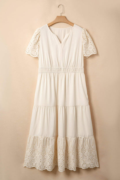 Apricot Plus Size V Neck Lacy Embroidery Patchwork Short Sleeve Maxi Dress
