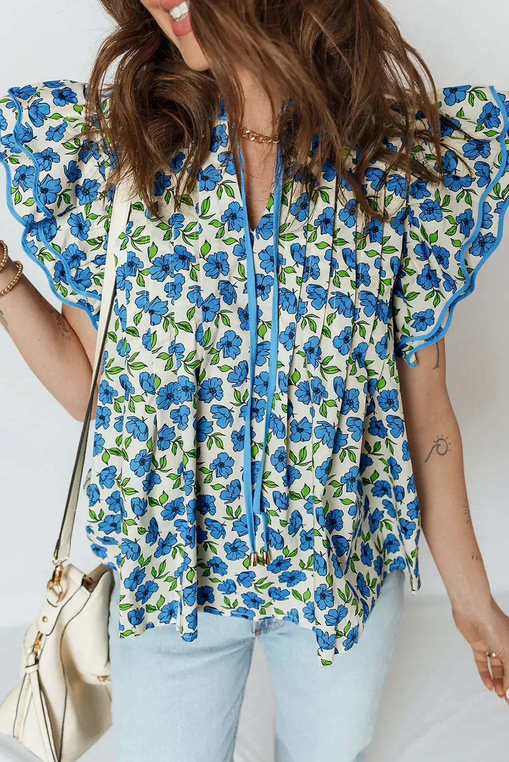 Sky Blue Tiered Flutter Sleeve Pleated Flower Blouse - Sweet Fashion Wholesale