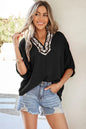 Black Dolman Half Sleeve Leopard Patchwork Trim V Neck Blouse - Sweet Fashion Wholesale