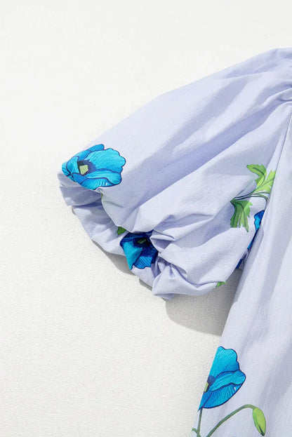 Sky Blue Floral Print Tie Split Neck Short Puff Sleeve Blouse