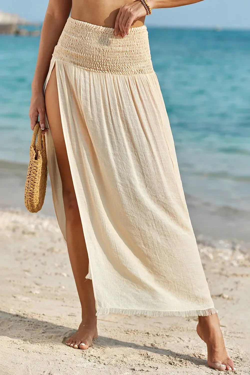 Pale Khaki Shirred High Waist Split Long Beach Skirt - Sweet Fashion Wholesale
