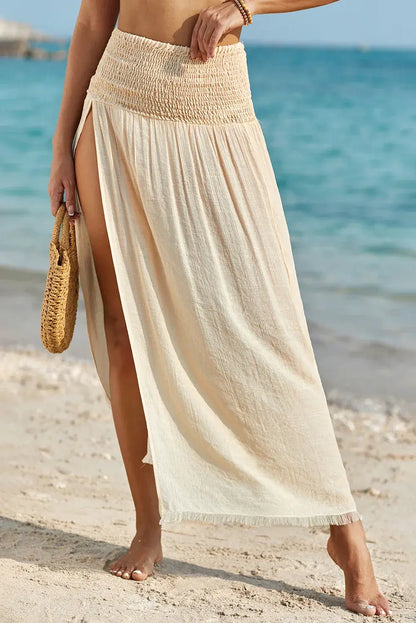 Pale Khaki Shirred High Waist Split Long Beach Skirt - Sweet Fashion Wholesale