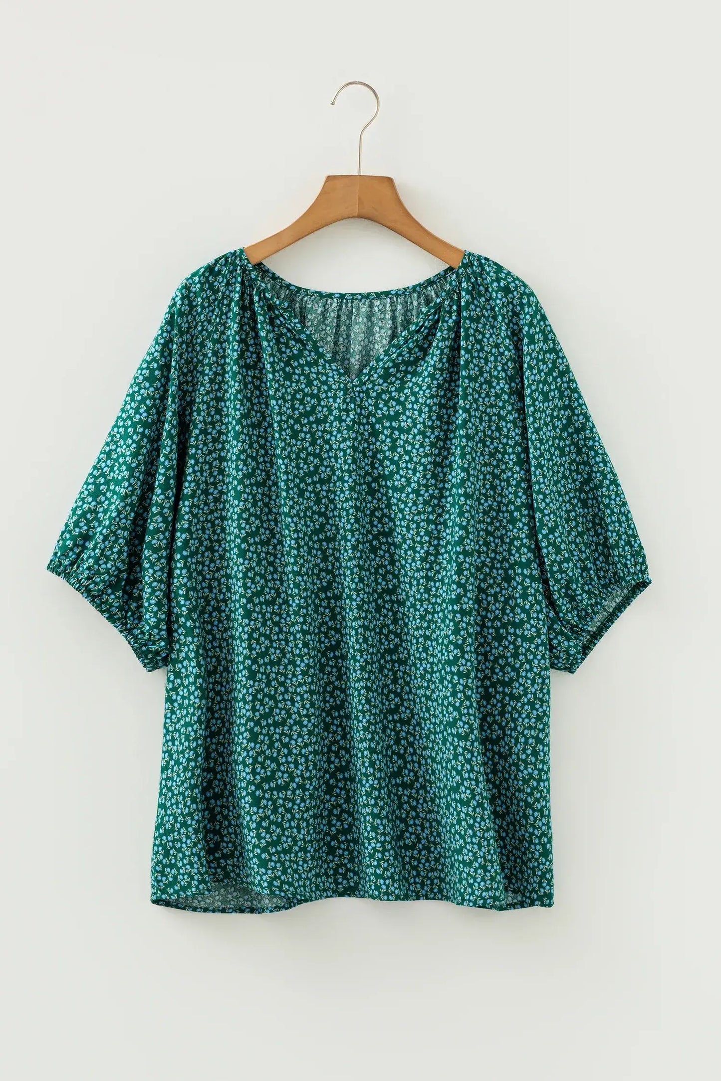 Green Boho Chic Notched V Neck Plus Floral Short Sleeve Top - Sweet Fashion Wholesale