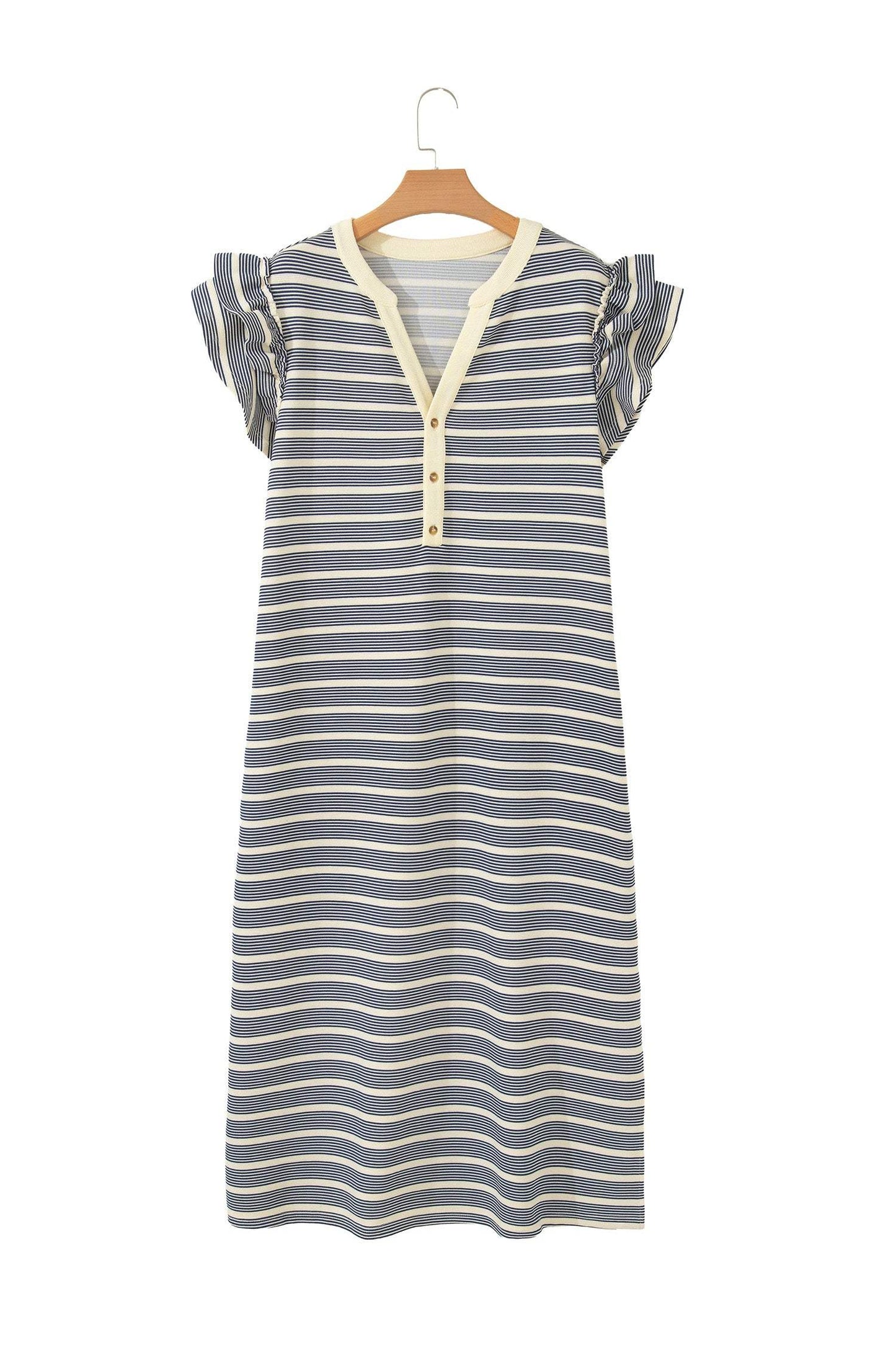 Blue Stripe Plus Size Contrast Trim Button V Neck Ruffle Sleeve Shift Dress