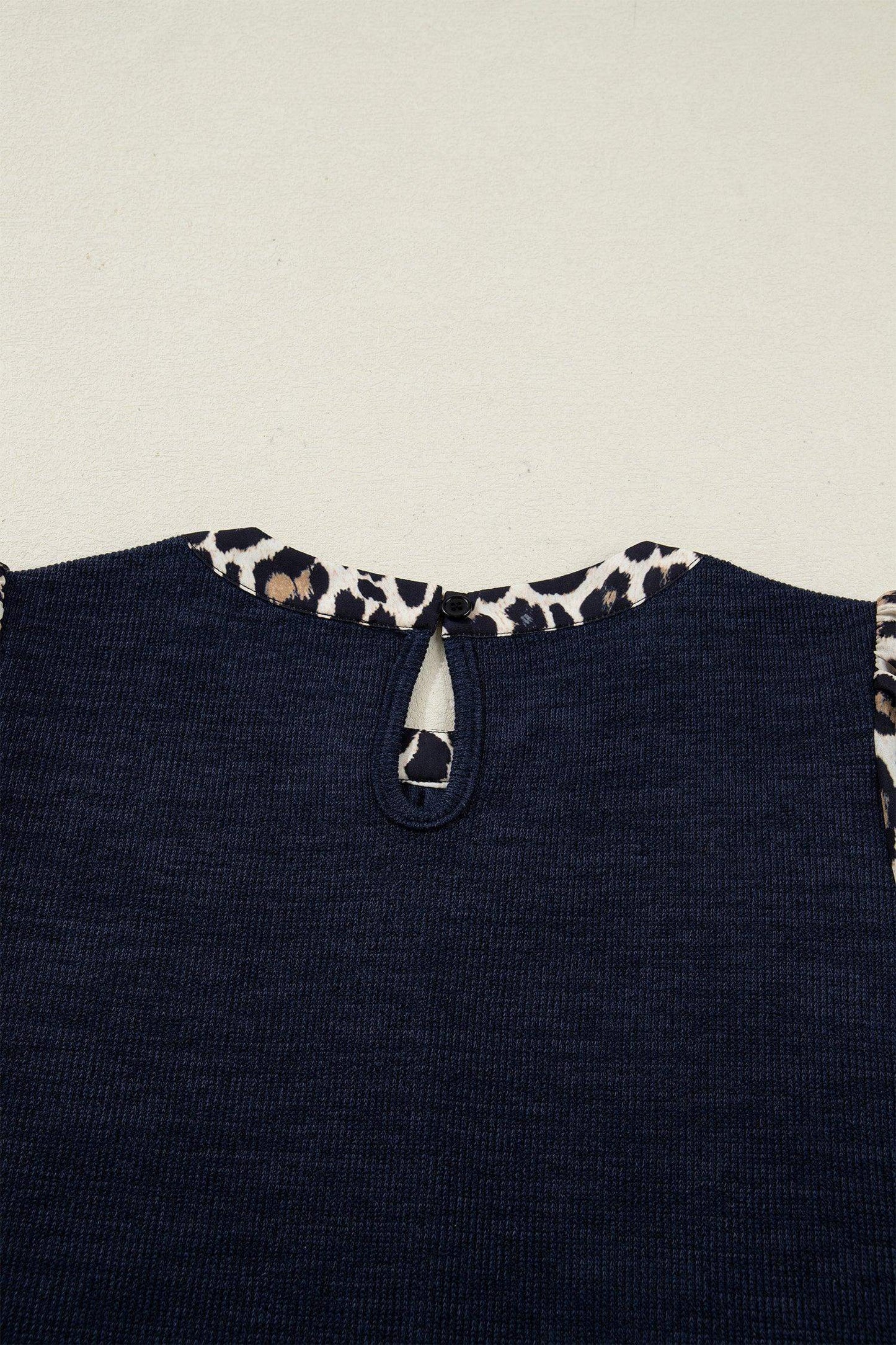 Navy Blue Ribbed Contrast Leopard Patchwork Short Sleeve Top - Sweet Fashion Wholesale