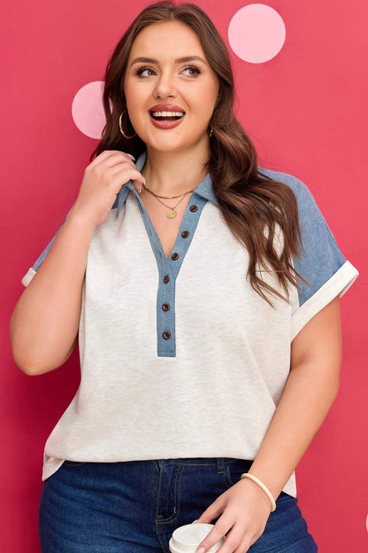 Beige Plus Size Contrast Denim Patchwork Cuffed Sleeve Polo Tee - Sweet Fashion Wholesale