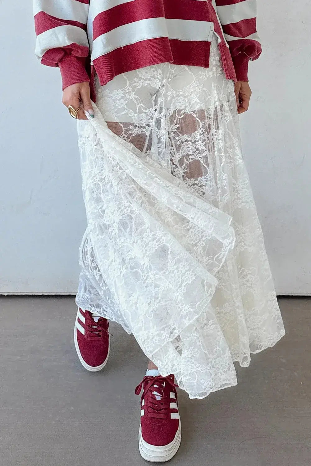 White Sheer Floral Lace Flowy Maxi Skirt - Sweet Fashion Wholesale